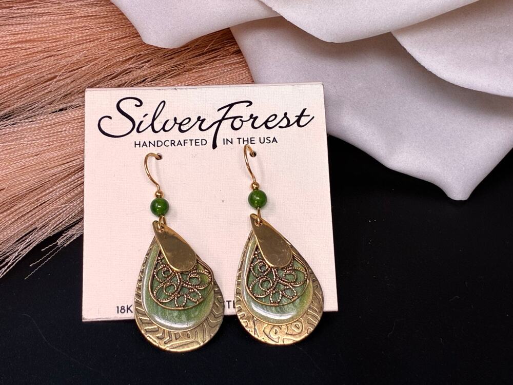 Silver Forest Green Layered Teardrop Filigree Earrings NEW